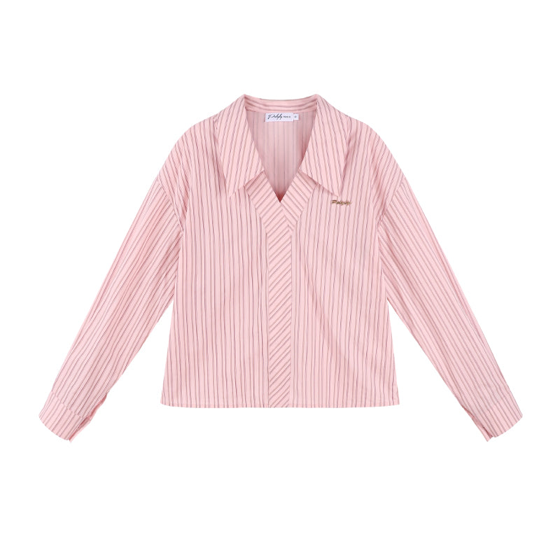 Pink stripe neck long sleeve shirt set