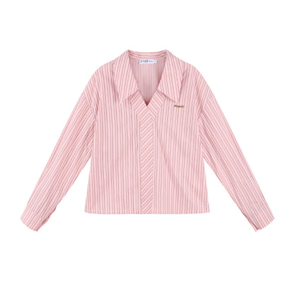 Pink stripe neck long sleeve shirt set