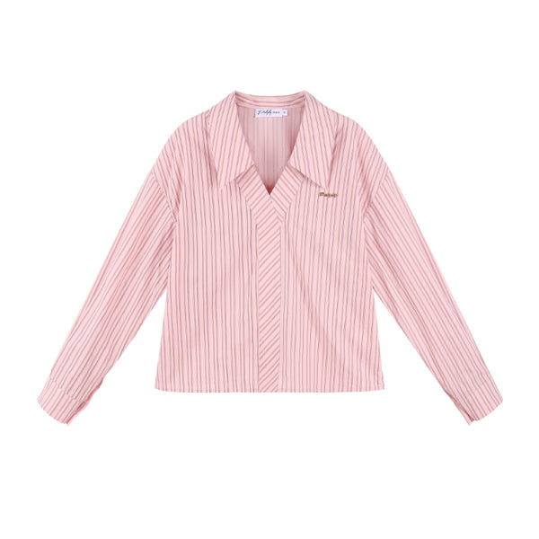 ピンクストライプネックロングスリーブシャツセット