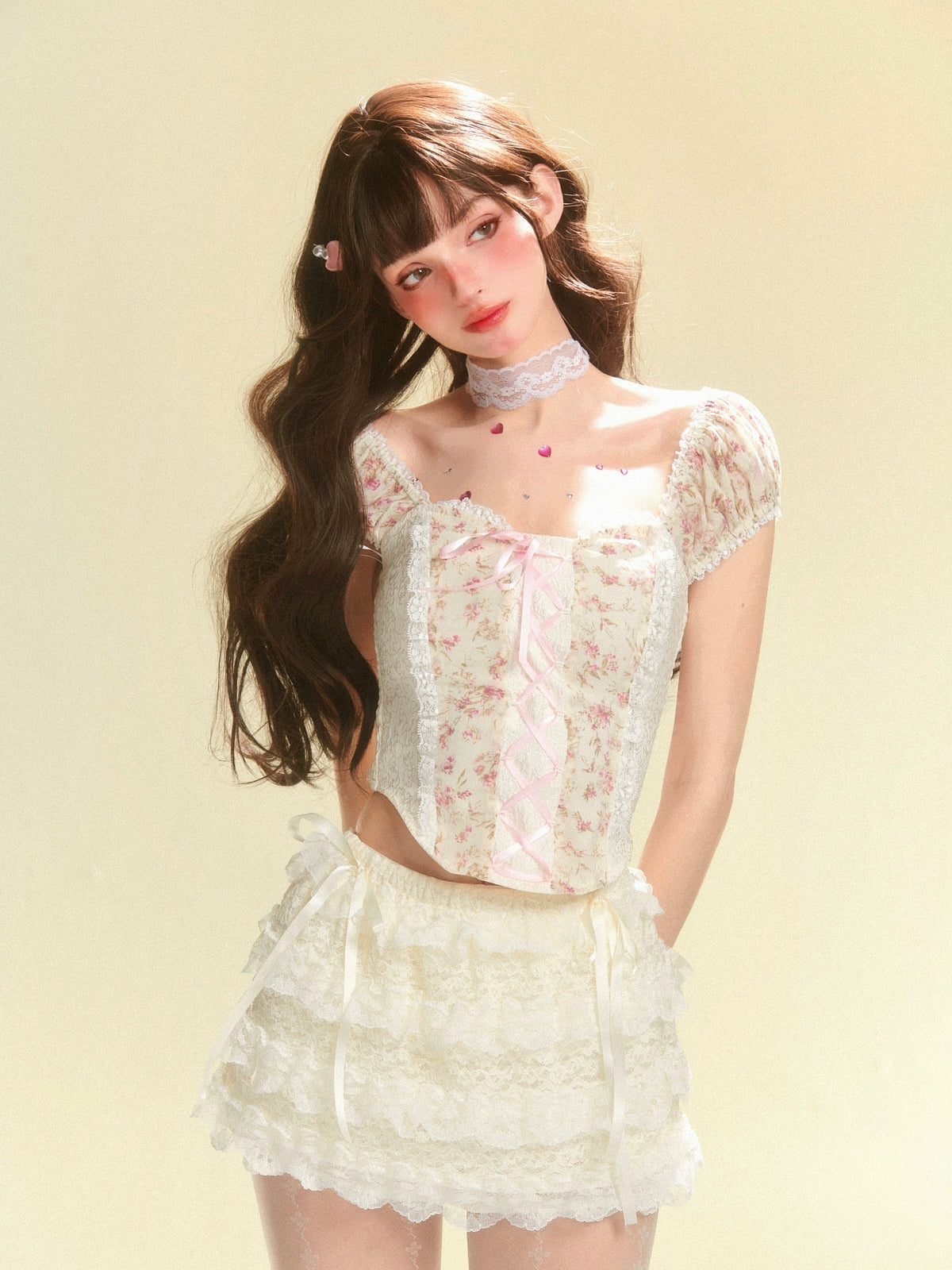 Apricot Tiered Frilled Lace Skirt
