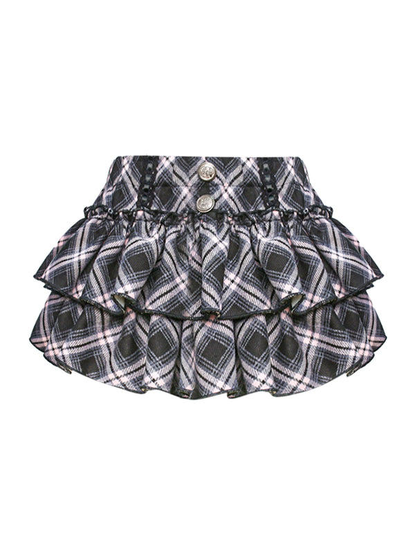 レトロベストチェックスカートシャツセット