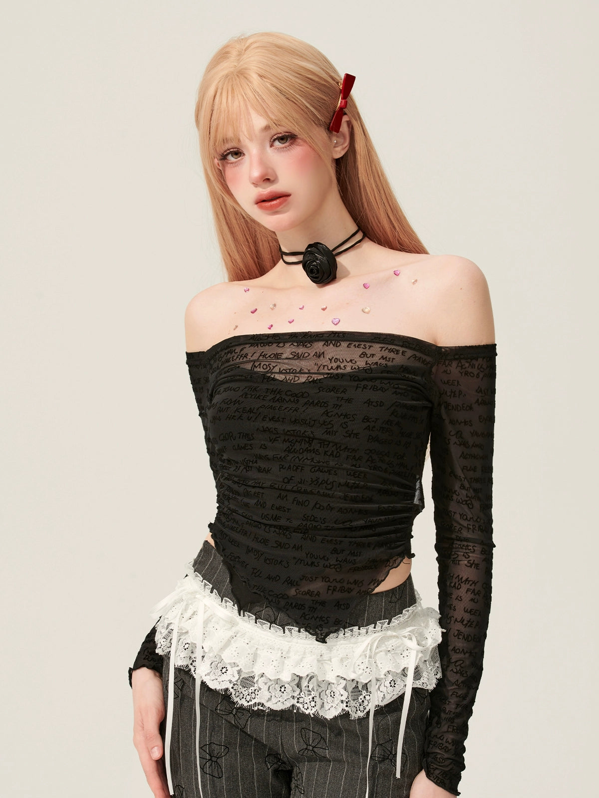 [En vente le 31 mai à 20 heures] Less eye transparent lace black long-sleeve one-shoulder T-shirt women's summer mesh