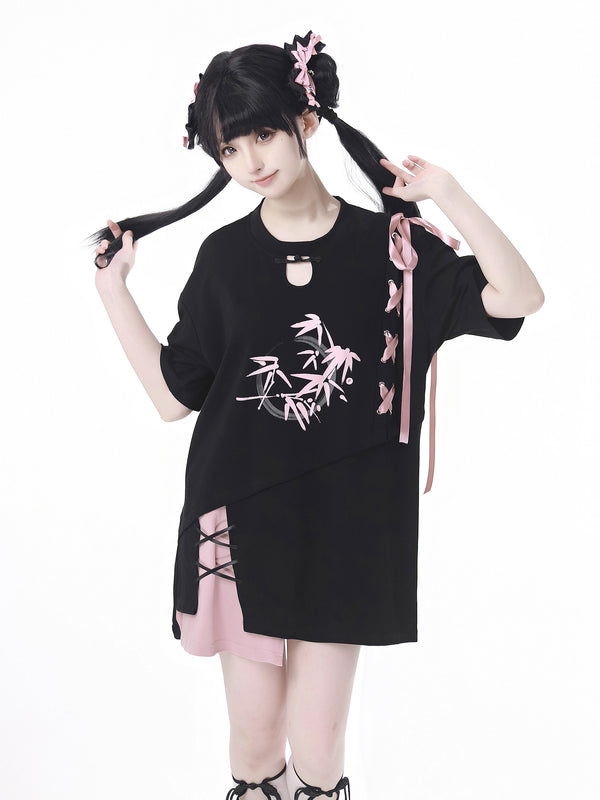 チャイナストラップステッチイレギュラーTシャツワンピース