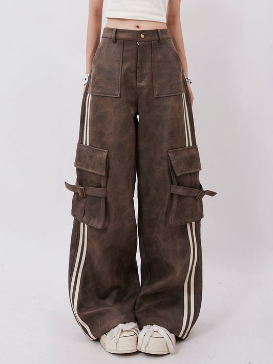 Rayohopp cargo pants women's autumn american street retro side stripe pocket design versatile straight leg trousers