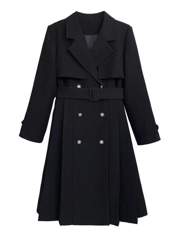 College black trench coat + metal badge + embroidered ribbon shirt + pleated skirt