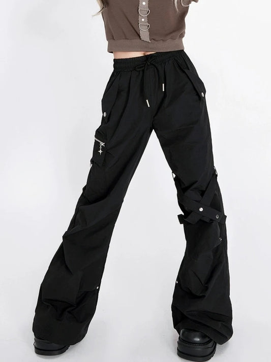 Charcoal Dough Different Century.Spice Girl American Versatile Slim Drawstring Multi-Pocket Pleated Wide-leg Pants Cargo Pants Trousers