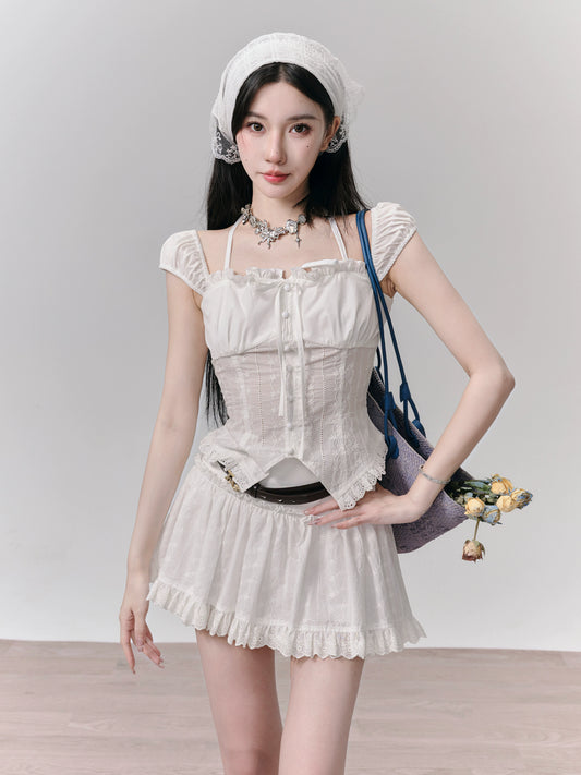 Fragileheart Fragile Shop Korean Pictorial Oxygen Sweet Embroidery Lace-up Top Summer Set