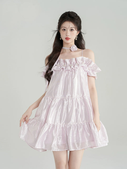 French one-shoulder slip dress women's summer 2024 new high-quality gentle fairy princess short skirt