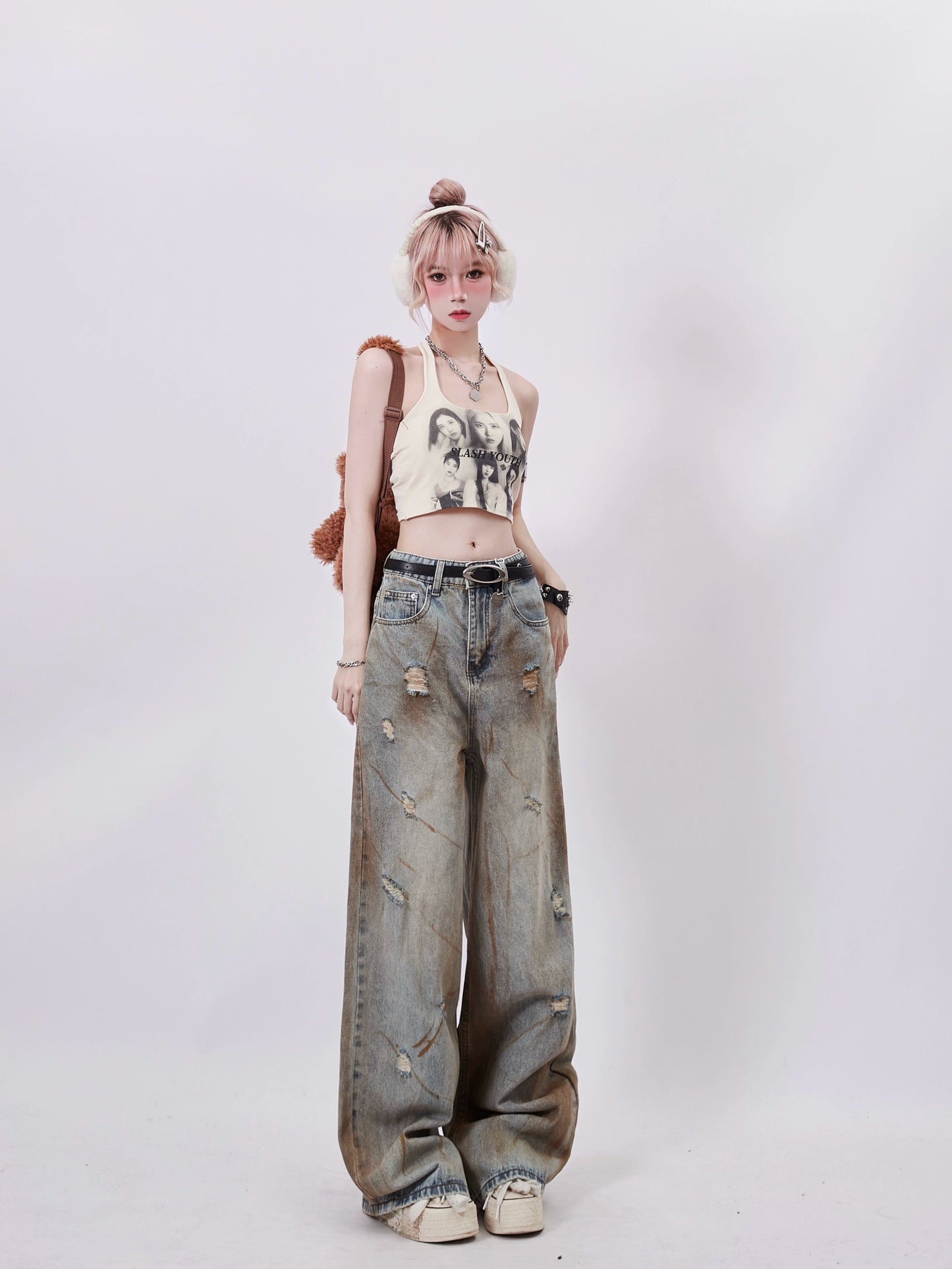 American casual damaged denim pants