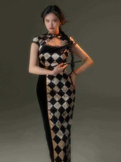 Retro Plaid Velvet Cheongsam Dress