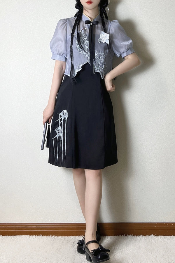 Sheer short china shirt + suspender dress [short and long] + bag
