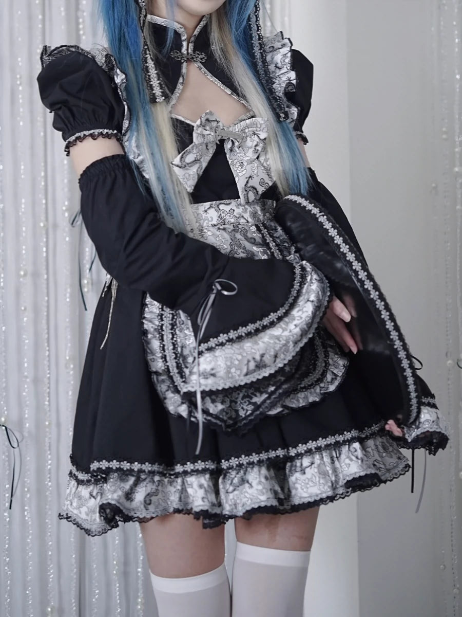 Silver Dragon Maid Gothic Dress + Apron + Arm Covers