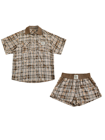 Retro khaki check shirt + shorts