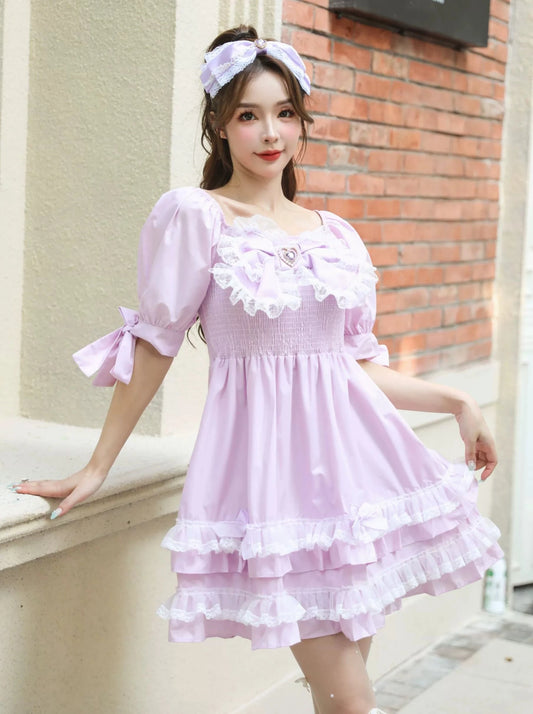 Lolita Dream Princess Bow Heart Diamond Fluffy Cake Lace Fungus Trim Puff Sleeve Dress