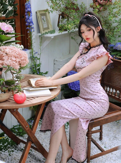 Four catties of homemade polka dot puppy original draped satin dense embroidery cute girl improved new Chinese cheongsam skirt