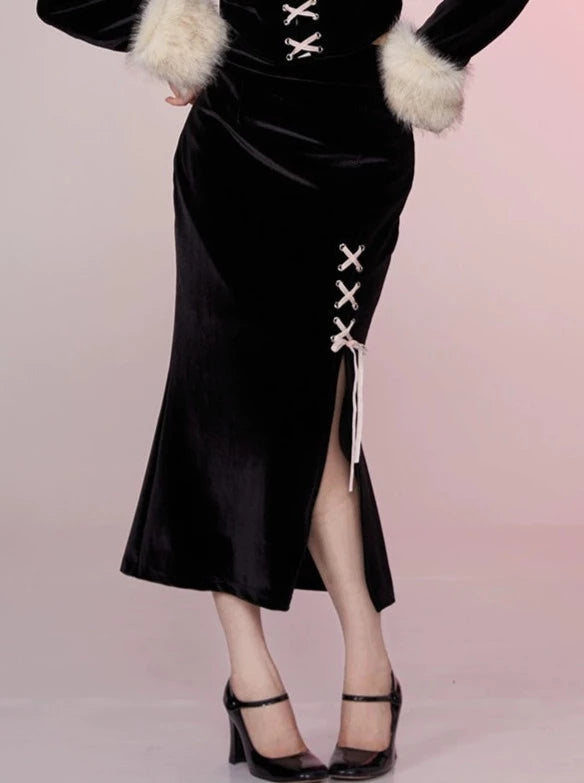 Antique doll velvet fur top + slit tight skirt