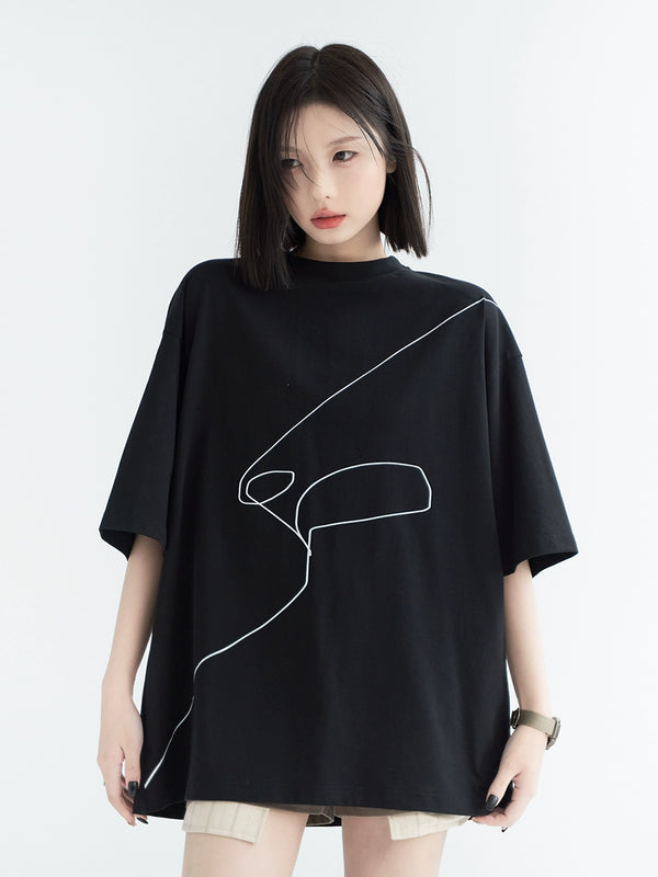 ラインデザインプリントルーズトップス