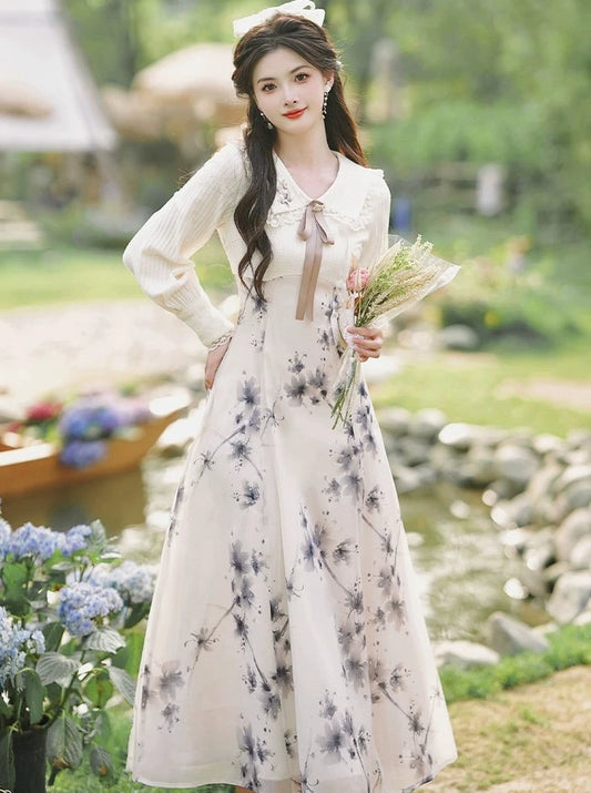 The national style ink print doll collar stitching fake two-piece dress is a high-end French tea break and a beautiful waist-cinching long skirt