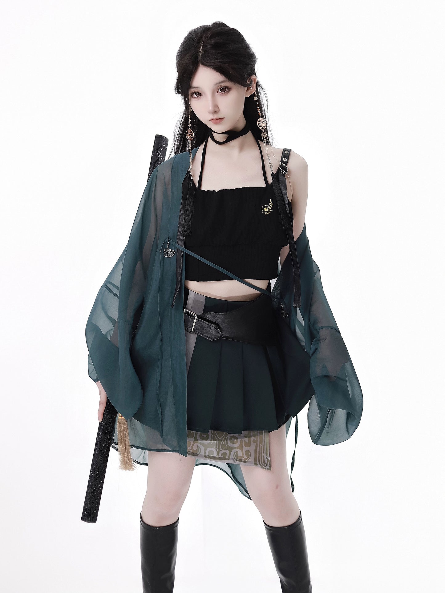 Dark Green Cardigan + Camisole + Asymmetrical Skirt