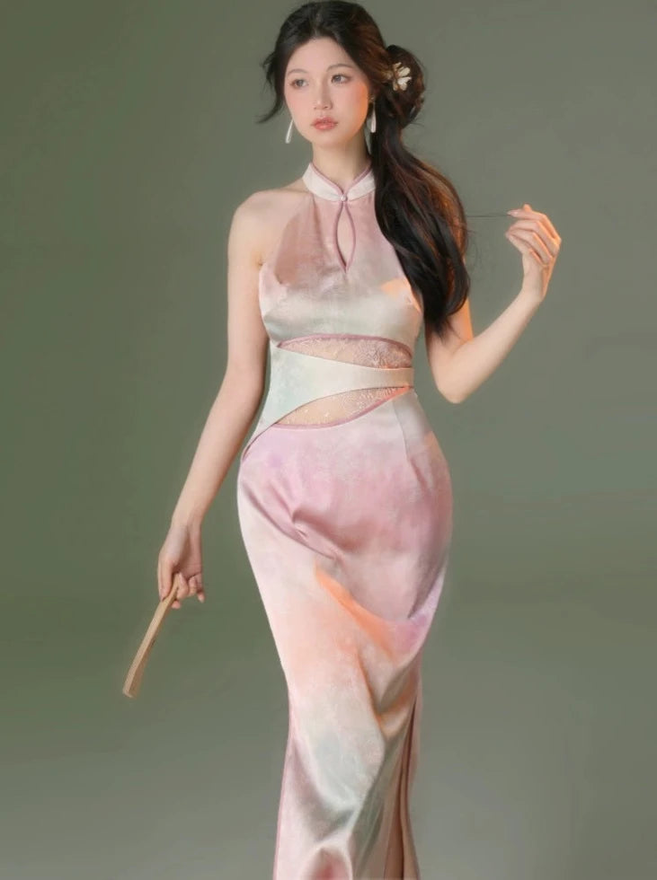 Four catties of homemade illusion original gradient blending high-waistted hollow high-waistted hollow high spring and summer new Chinese sleeveless longue jupe cheongsam