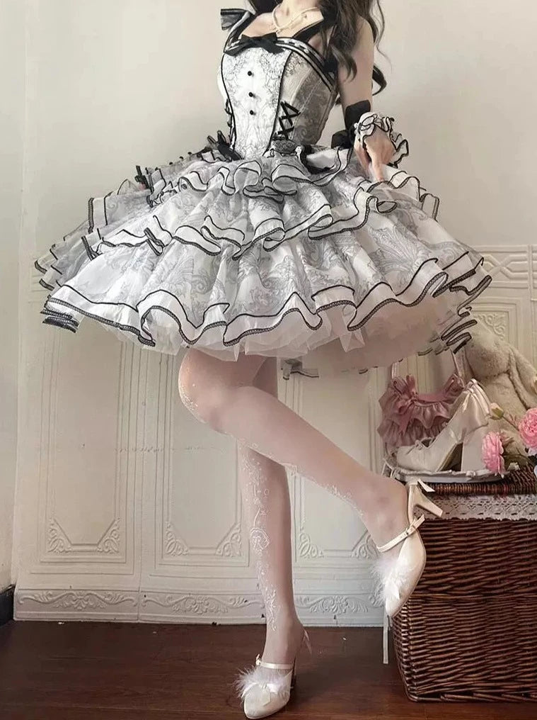서스펜더 SK 스커트 로리타 정장 화려한 드레스 흑백 스플릿 장녀 로리타