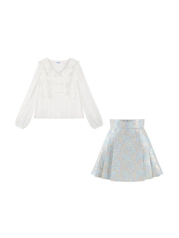 Ruffle Blouse + Jacquard Flared Skirt