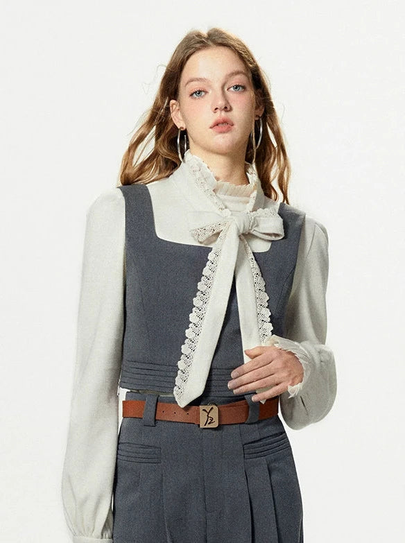 Bow-tie pleated knit shirt + gray vest + slack pants suit