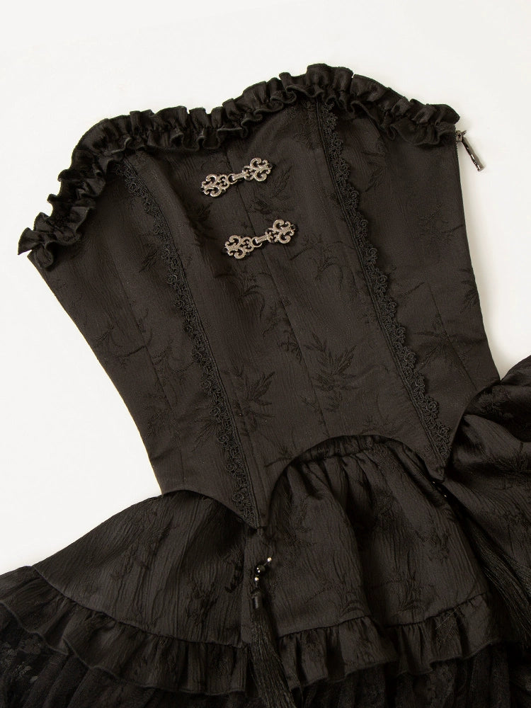 Dark black china bare top + flared skirt + shirt
