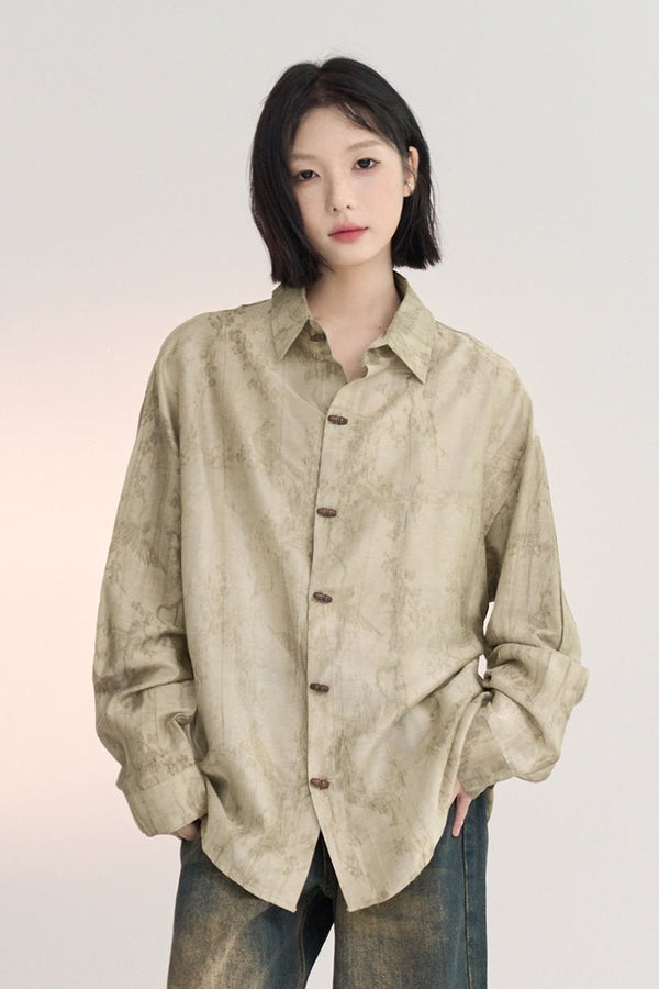 Chinese Wood Button Pleated Shirt
