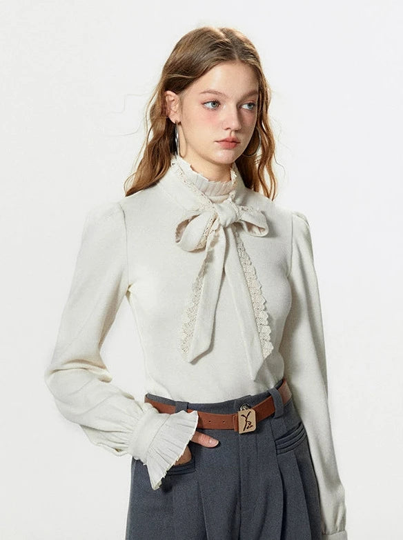 Bow-tie pleated knit shirt + gray vest + slack pants suit