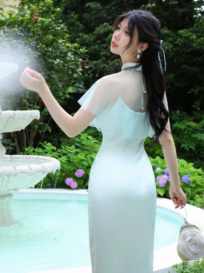 Glittering Satin Embroidered Cheongsam Dress