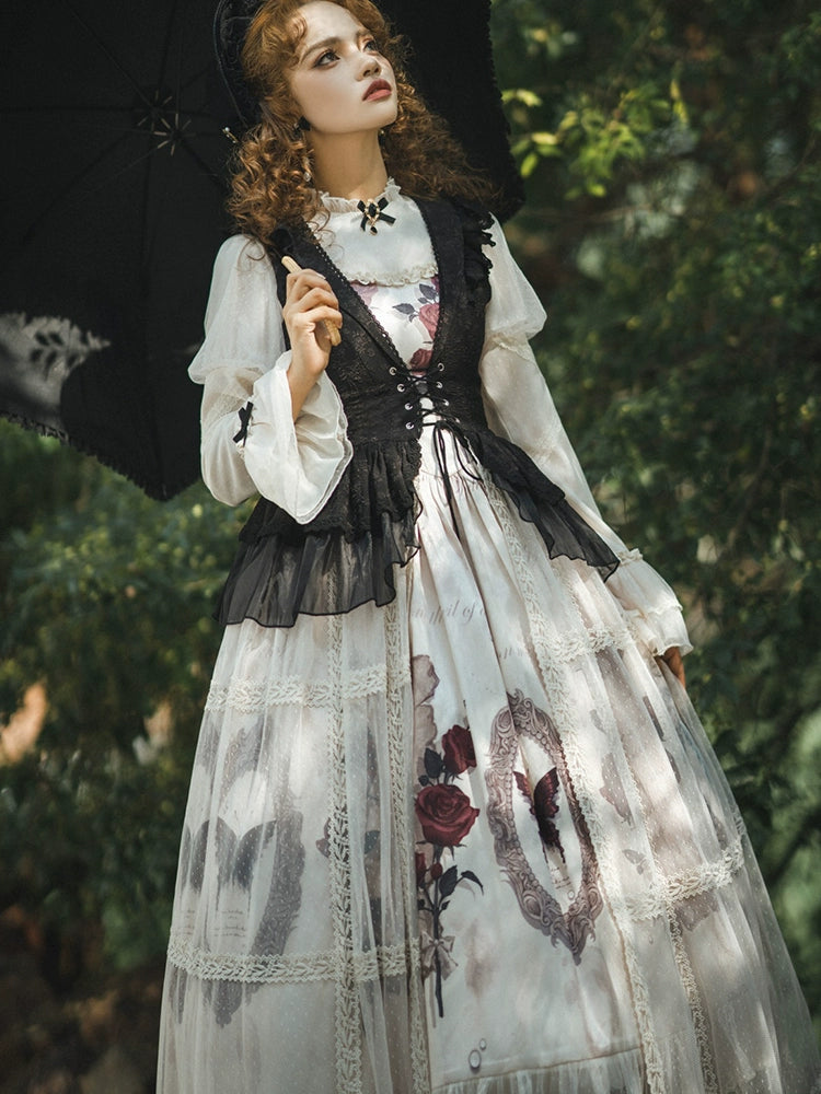 Classic Elegant Gothic Dark French Top + Suspender Dress + Vest Tulle Belchic Classic Elegant Gothic Dark French Top + Suspender Dress + Vest Tulle Belchic