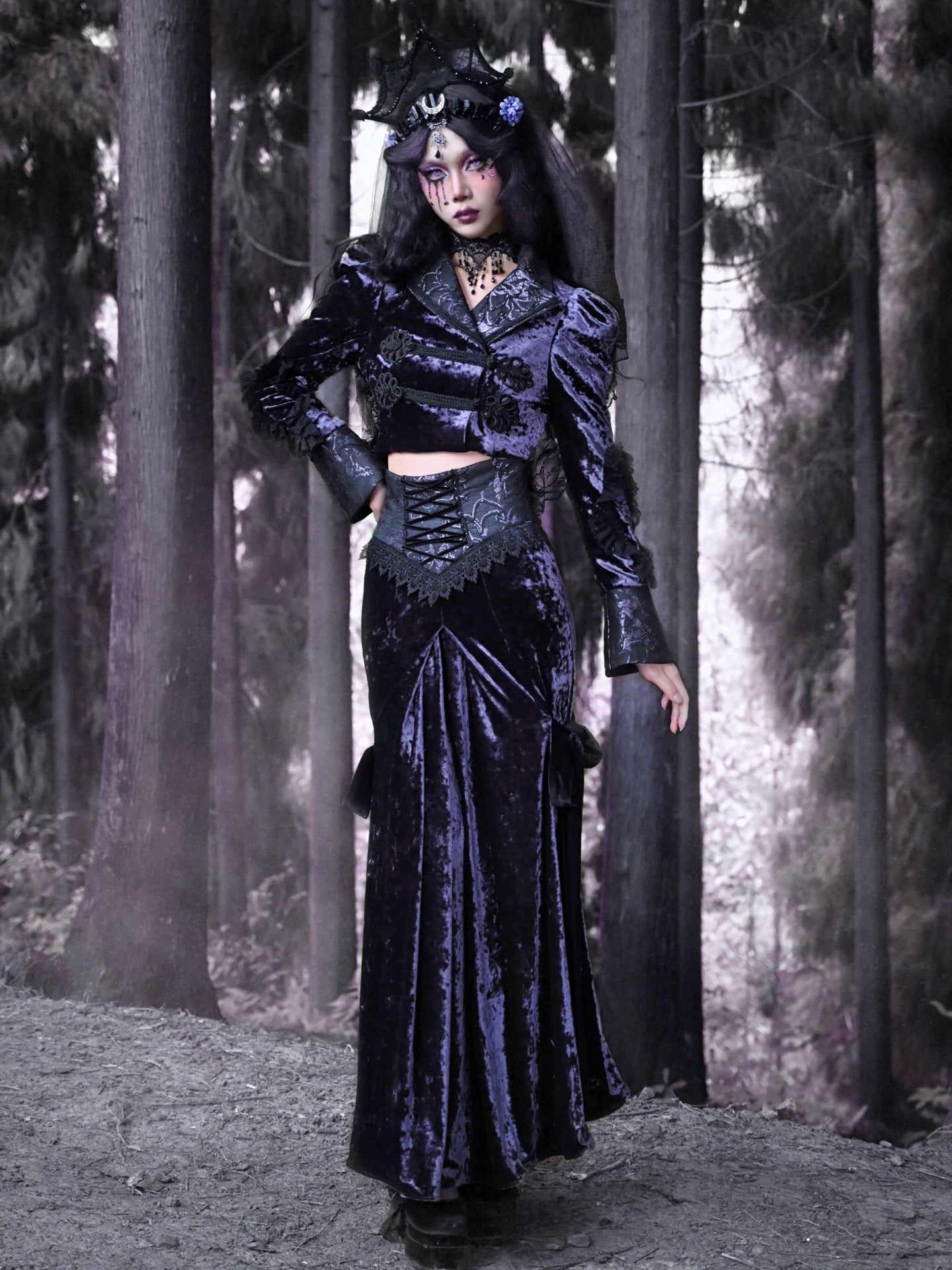 Luna Velvet Slim Gothic Ribbon Long Skirt