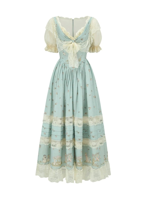 Retro Green Blue Puff Sleeve Long Dress