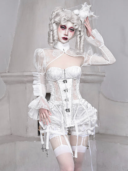 Sleeping Alice White Gothic Dark Fishbone Straps Corset Bustier [Réservé].