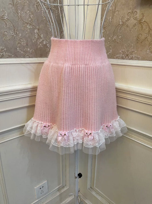 Sweet girly rose bow cake lace fungus trim versatile base plush knit skirt