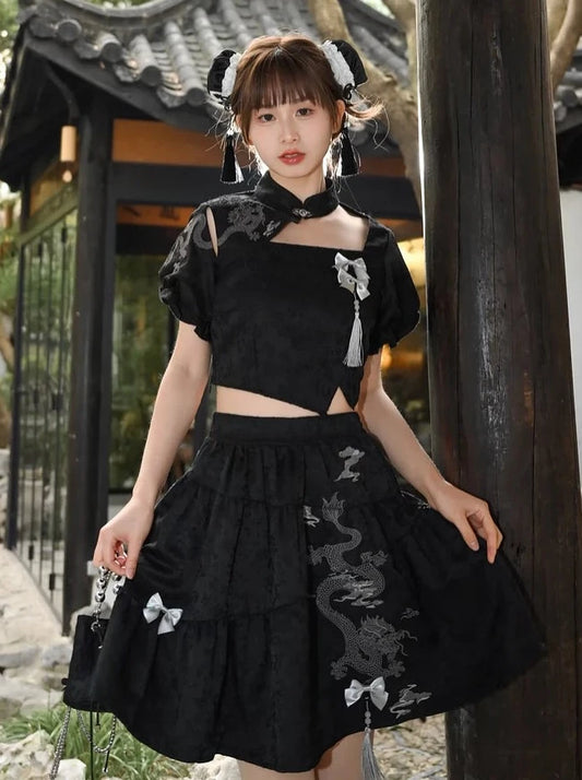You Longsen Female Tribe original new Chinese cheongsam collar top, black suit, slim two-piece fashion suit, trendy