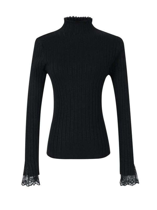 Lace Splicing Knit Half Turtleneck Top