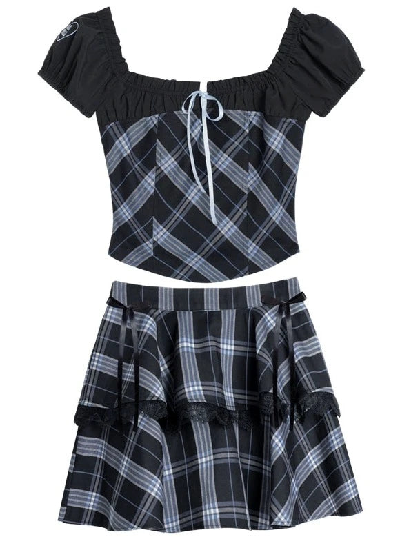 College Style Puff Sleeve Top + Skirt