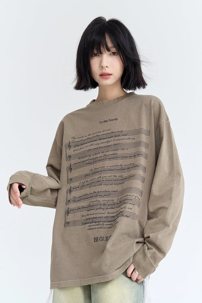 Music Note Print Long Sleeve Tops