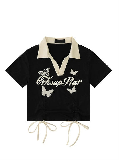 V-Neck Polo Collar Butterfly Low String Bow Short Top