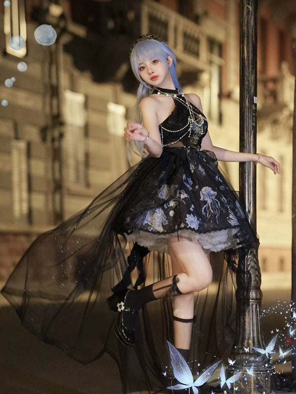 Deep Jellyfish Halter Neck Elegant Dress