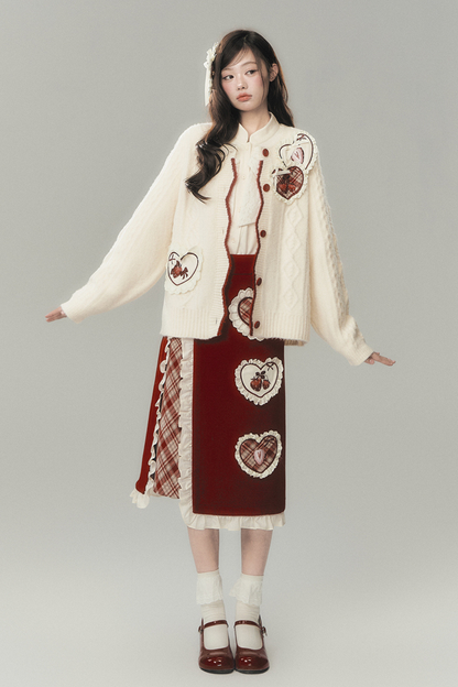 ストロベリークリームカーディガン+スカート+ハイネックトップス+ヘアピン