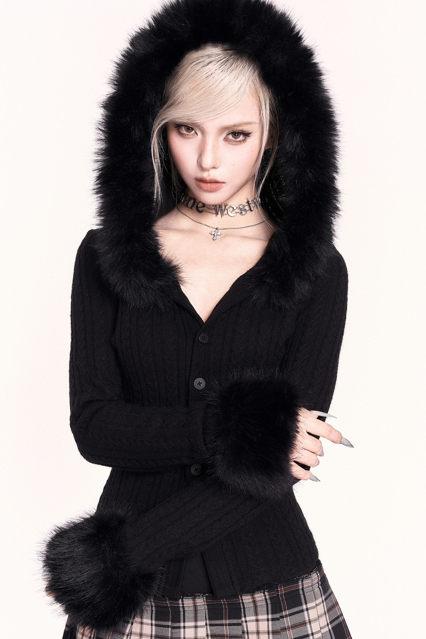 モードファーフードニットジャケット