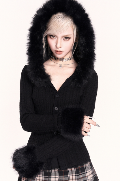 モードファーフードニットジャケット