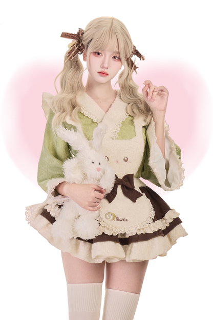 抹茶ロール和風トップス+子猫サスペンダースカート+リボン付きケープ