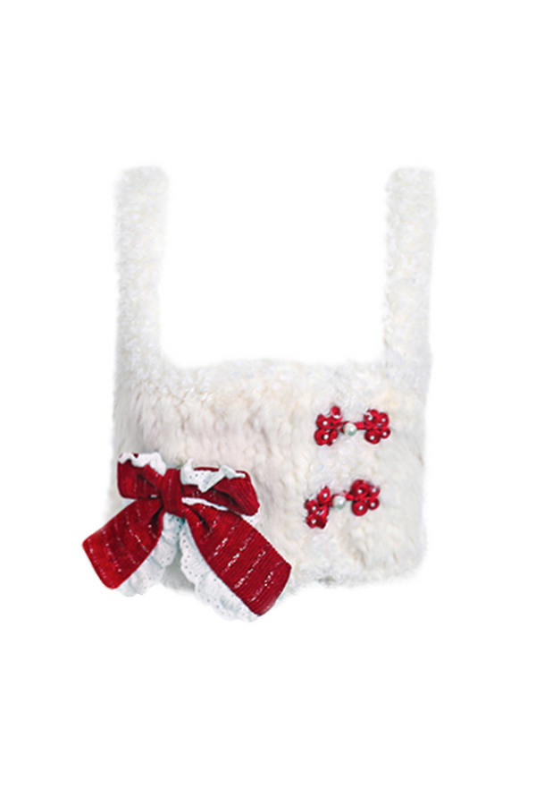 Fur china design vest + red china top + flared short skirt