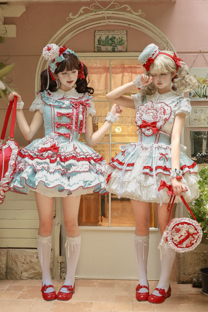 [Pre-order Deadline: September 27] Twin Tiered Lolita Dot Ribbon Striped Dress + Flower Bud Skirt Dress