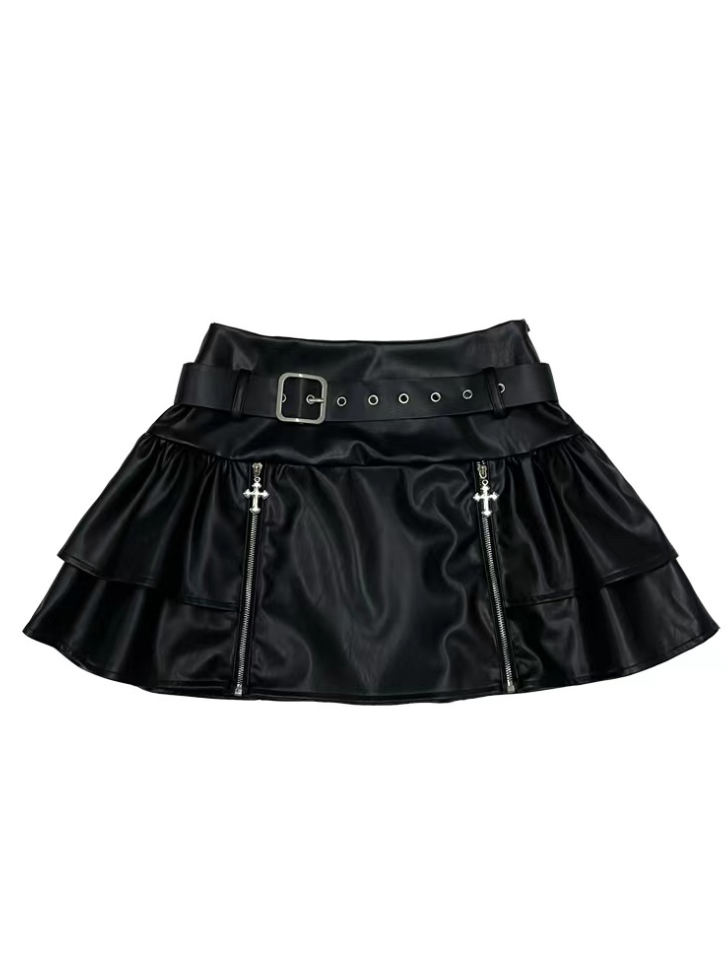Zip cloth leather tiered belt skirt