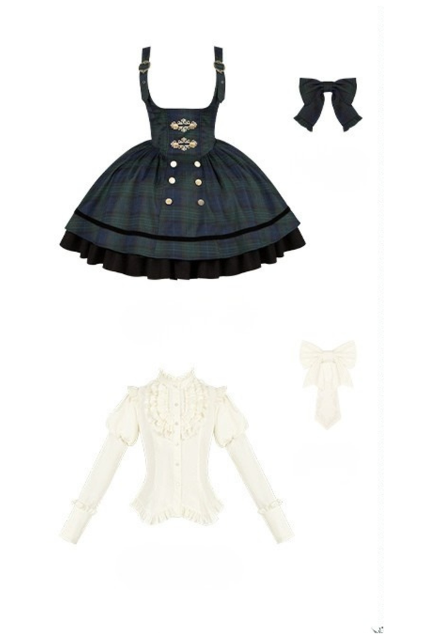 レトロカレッジスタイルチェックロリータスカート＋ジャケット＋マント＋ブラウス＋リボン＋ネックレス